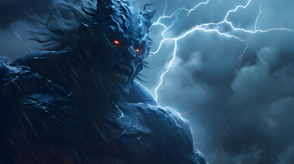 Demon with blue lightning, devil. Neural network AI generated art - obrazy, fototapety, plakaty