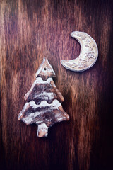 Christmas decoration on rustic stone background. Soft focus. Top view. Copy space.	