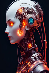 3D illustration of science fiction female humanoid cyborg lost in futuristic neon lit cyberpunk city.
