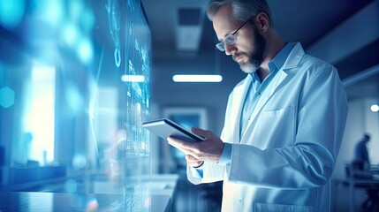 Scientist . Man with clipboard. Scientist in scientific laboratory. Doctor scientist studies genome. Male geneticist works in DNA lab.