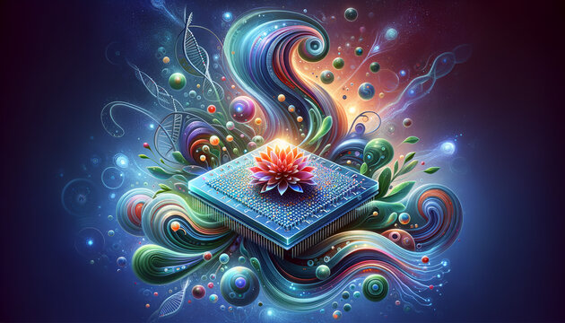Futuristic microarray chip surrounded by organic shapes in vibrant colors.