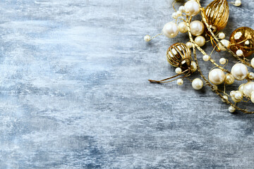 Christmas decoration on rustic wooden background. Soft focus. Copy space.	
