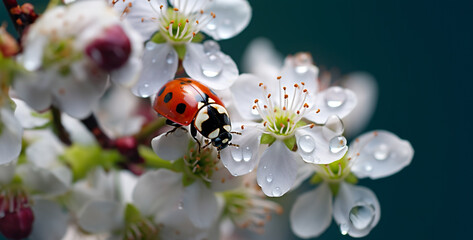 Ladybug on a flower of a cherry tree in dew drops,Ladybug on a flower of a cherry tree in nature. macro