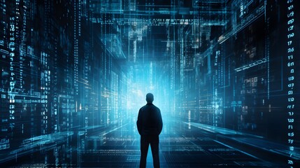 a man standing in front of a tunnel of data