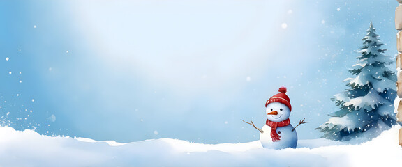 A cute little snowman wearing a red winter hat and red scarf. A clear, snowy midwinter day. Illustration in watercolor style.