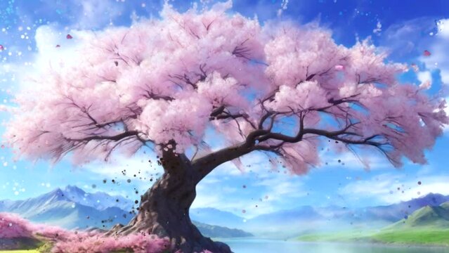 Realistic 3D cherry blossom tree view. 4k seamless loop video