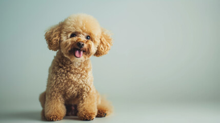 adorable tan poodle with a fluffy coat sitting and looking to the side with its tongue out