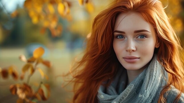 View of model face of beautiful woman with long hair in park AI generated image