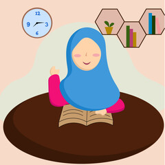 Young muslim girl studying in book cartoon vector illustration