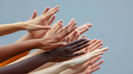 overhead view of multiple hands of diverse skin tones coming together in the center, symbolizing unity and teamwork