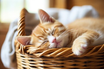 Red cat sleeps sweetly in a wicker basket