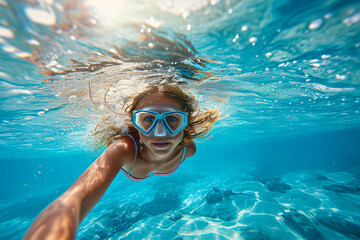 Naklejka premium girl swims underwater wearing a mask