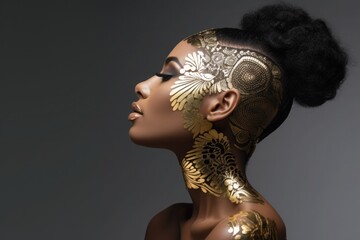 African American woman with gold ornament on face and neck, fashionable portrait - obrazy, fototapety, plakaty