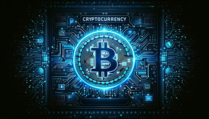 a futuristic, digital circuit board with glowing neon lines, integrated with a stylized Bitcoin symbol at the center