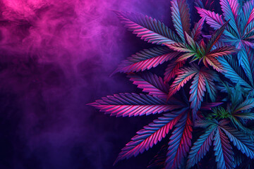 beautiful fan leaves and cannabis bud in purple glow of light. - obrazy, fototapety, plakaty