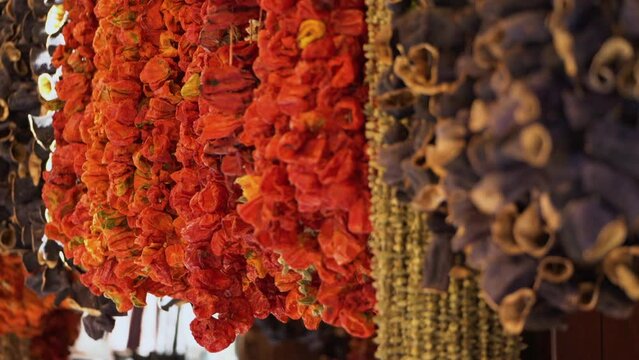 Vegetables are strung on ropes and dried under the sun in summer. Dried vegetables are a good option for cooking in winter.