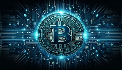 a futuristic, digital circuit board with glowing neon lines, integrated with a stylized Bitcoin symbol at the center