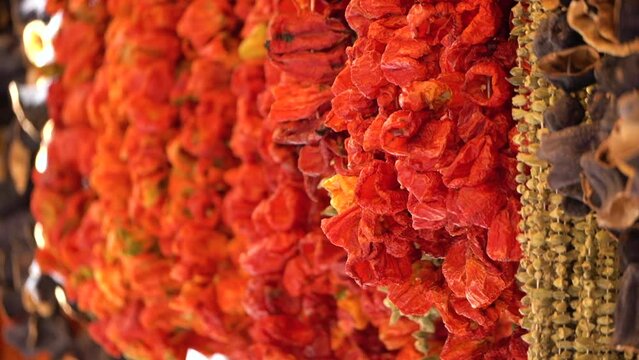 Vegetables are strung on ropes and dried under the sun in summer. Dried vegetables are a good option for cooking in winter.