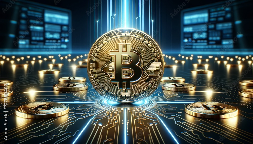 Poster futuristic circuit digital background with glowing neon lines converging towards bitcoin