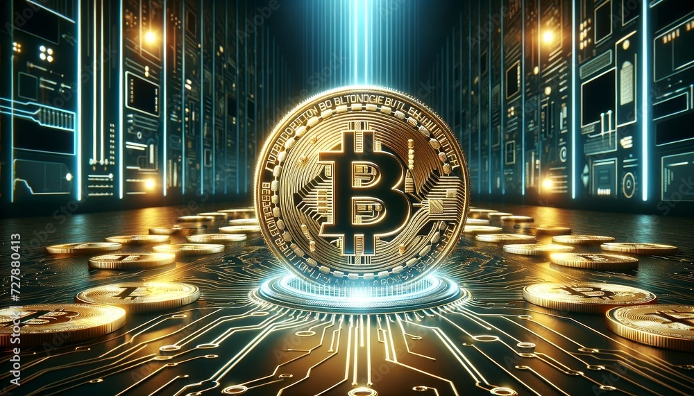 Poster futuristic circuit digital background with glowing neon lines converging towards bitcoin