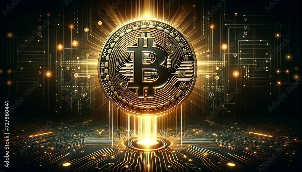 Poster futuristic circuit digital background with glowing neon lines converging towards bitcoin
