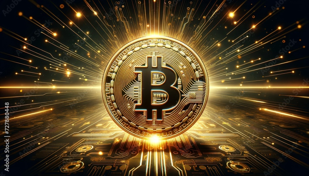 Poster futuristic circuit digital background with glowing neon lines converging towards bitcoin