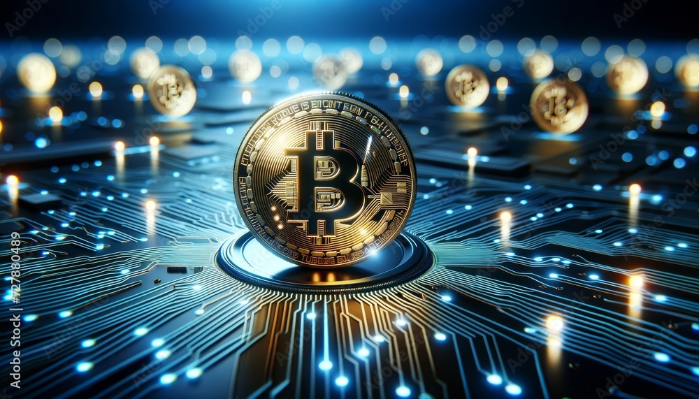 Poster futuristic circuit digital background with glowing neon lines converging towards bitcoin