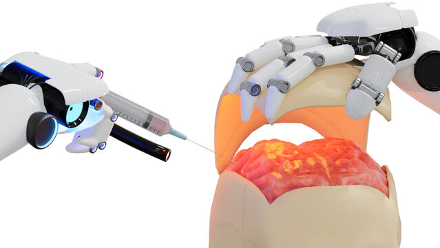 futuristic and scientific illustration of an AI robotic hand using syringe to create or repair human brain isolated on white background. AI for Healthcare: A New Era of Medical Technology 3d render. 