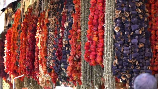 Vegetables are strung on ropes and dried under the sun in summer. Dried vegetables are a good option for cooking in winter.