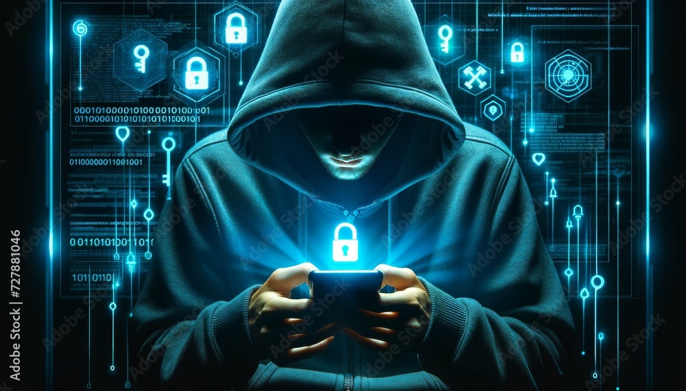 Poster a person in a dark hooded sweatshirt holds a cell phone against a digital background showing cyber s