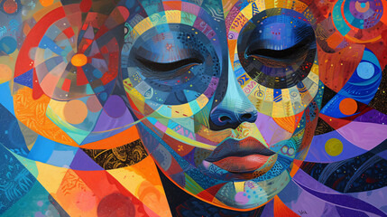 Mask Illustration Infused with Bold Colors and Dynamic Shapes, Unveiling an Evocative and Ephemeral Identity.