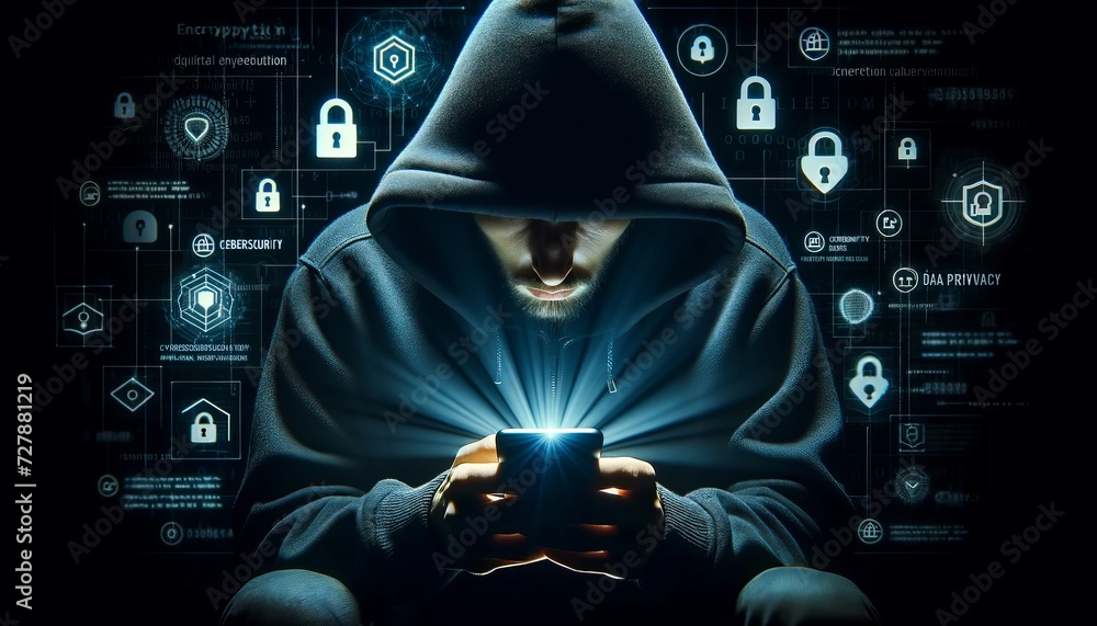 Poster a person in a dark hooded sweatshirt holds a cell phone against a digital background showing cyber security and hacking