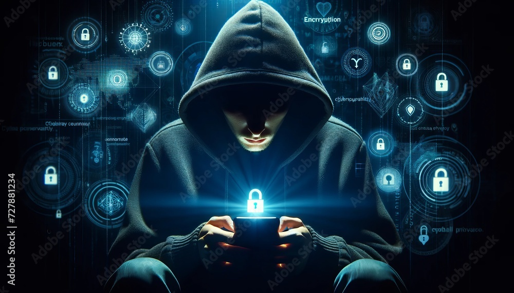 Poster a person in a dark hooded sweatshirt holds a cell phone against a digital background showing cyber security and hacking