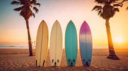 Surfboards on the beach with palm trees and sunset - vintage filter. Surfboards on the beach....