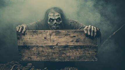 Spooky zombie concept carrying empty wooden board, halloween concept AI generated image