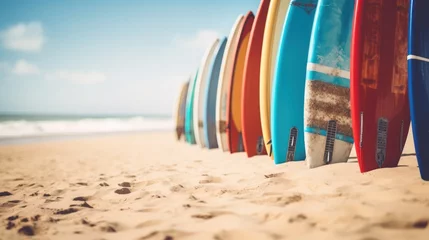  Surfboards on the beach in a row. Vintage filter. Surfboards on the beach. Vacation Concept with Copy Space. © John Martin