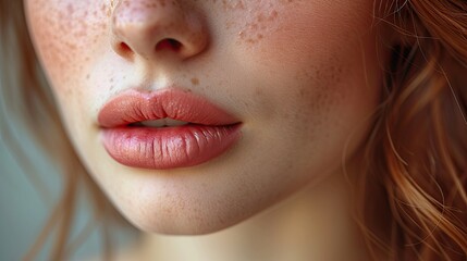 A close-up of the lips of a young girl in red lipstick. There are large, beautiful freckles on her face. The concept of beauty, skin care and makeup.