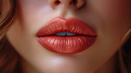 A macro photo of a woman's beautiful lips on a face with white, clear skin. The concept of beauty, skin care and makeup.