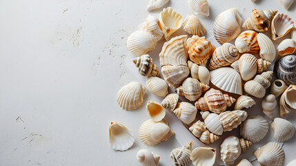Fototapeta na wymiar Background of small shells beige shades on a white background, Summer background with copy space, Seashells lying on the sand,AI generated