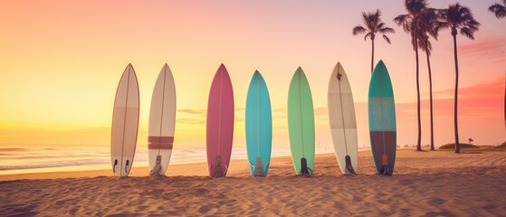 Surfboards on the beach at sunset. Vintage filter effect. Surfboards on the beach. Vacation Concept with Copy Space. - obrazy, fototapety, plakaty