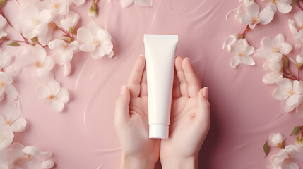 Female hand holds jar of cream and flower petals on pastel pink background. Body and hand care concept. Blank mockup of cosmetic products, with space for text. AI Generative, banner