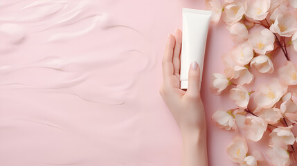 Female hand holds jar of cream and flower petals on pastel pink background. Body and hand care concept. Blank mockup of cosmetic products, with space for text. AI Generative, banner