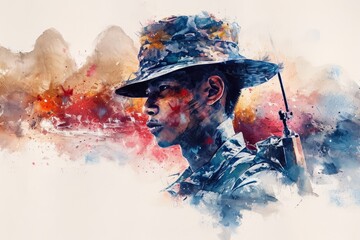 Modern soldier of Thailand close up Illustration. Thailand soldier watercolor colors Illustration