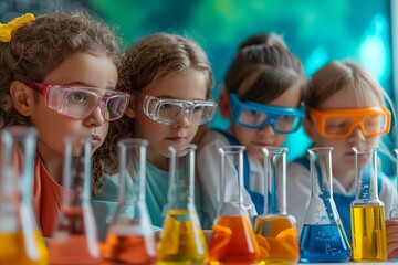 Young students wearing colorful safety goggles, deeply engaged in observing a science experiment with various colored liquids in flasks - obrazy, fototapety, plakaty