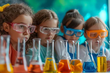 Fotobehang Young students wearing colorful safety goggles, deeply engaged in observing a science experiment with various colored liquids in flasks © Aurora Blaze