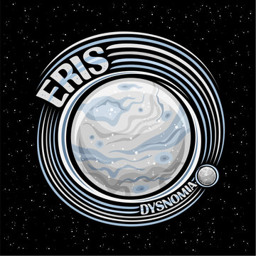 Vector logo for Dwarf Planet Eris, decorative cosmo print with moon Dysnomia rotating around grey stone planet, square space poster with unique letters for blue text eris on black starry background