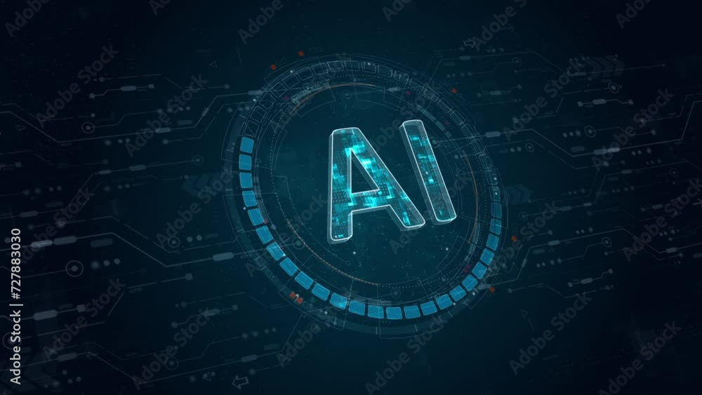 Poster motion graphic of blue digital ai letter and circle futuristic hud elements with flowing arrows with