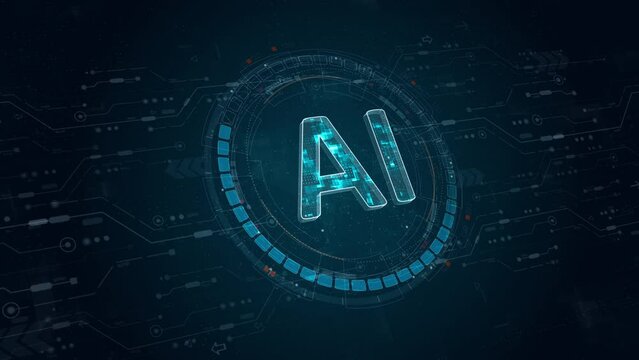 Motion graphic of Blue digital AI letter and circle futuristic HUD elements with flowing arrows with Ai chatbot and machine learning technology and ai assistance concepts on abstract background