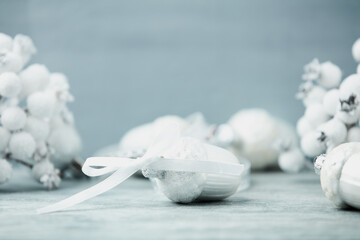 Christmas decoration on rustic wooden background. Soft focus. Copy space.	