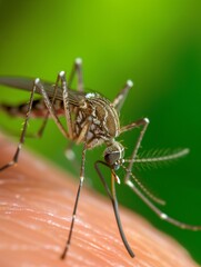 Fototapeta premium Macro shot of a mosquito biting a person's skin, gnat bite, insect sting close-up photograph, illustration of bug pest plague, vector of transmission of mosquito-borne illnesses, infected mosquitoe